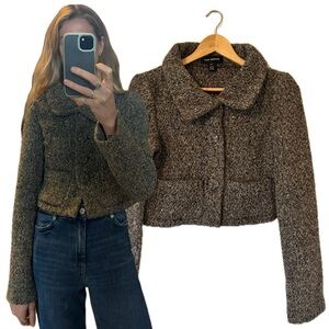 Club Monaco Wool Peppered Tweed Cropped Button Up Cardigan Jacket Top
